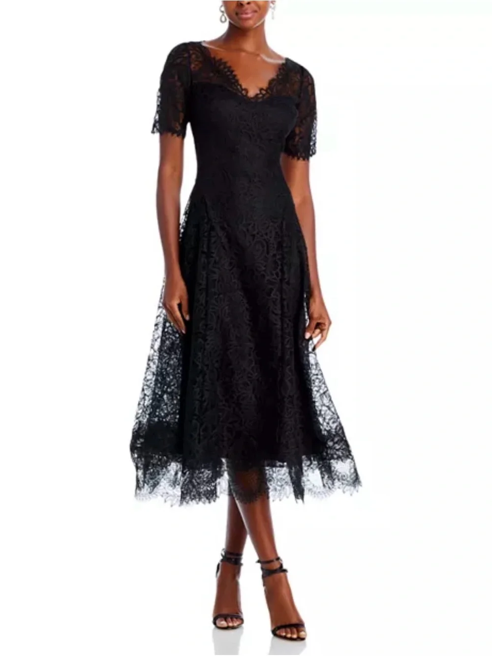 RICKIE FREEMAN FOR TERI JON Black A-Line Scalloped Lace Midi Dress Size 8 - Picture 1 of 7